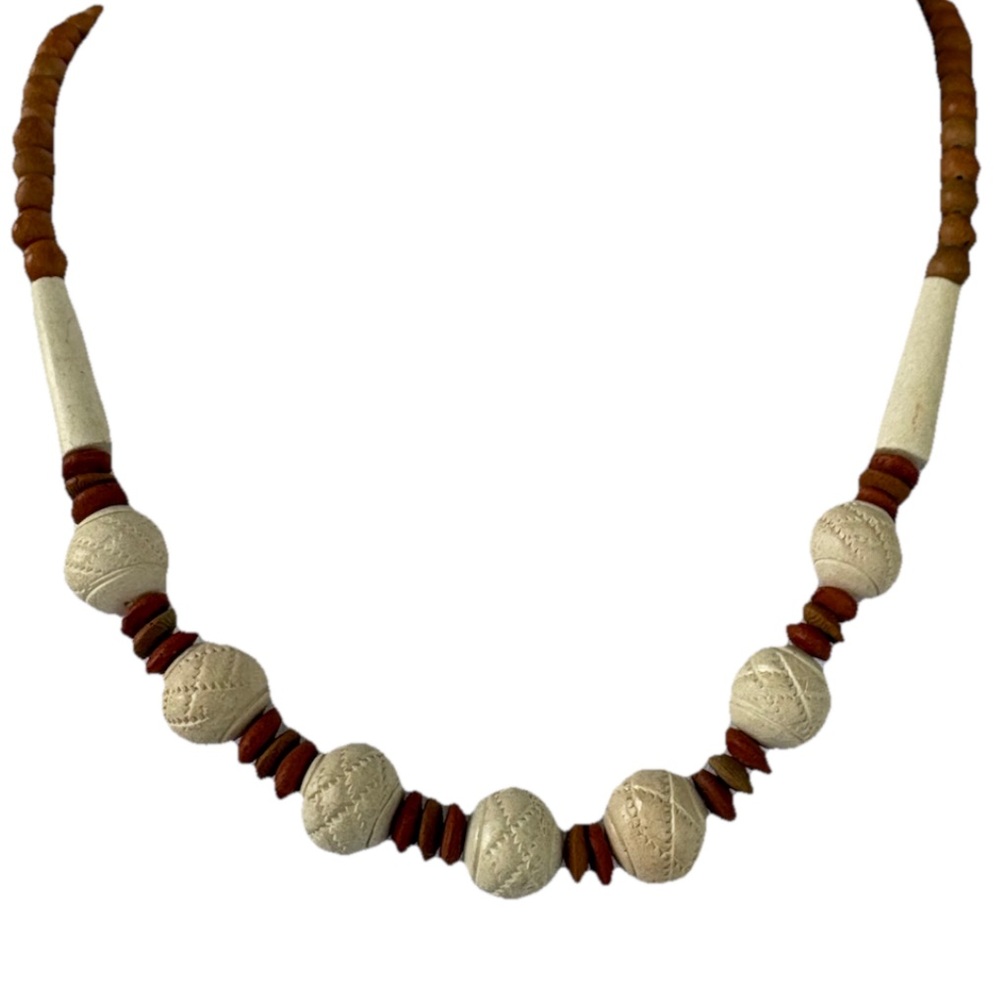 Vintage 1970’s Cream Brown Beaded Women's Necklace Barrel Clasp